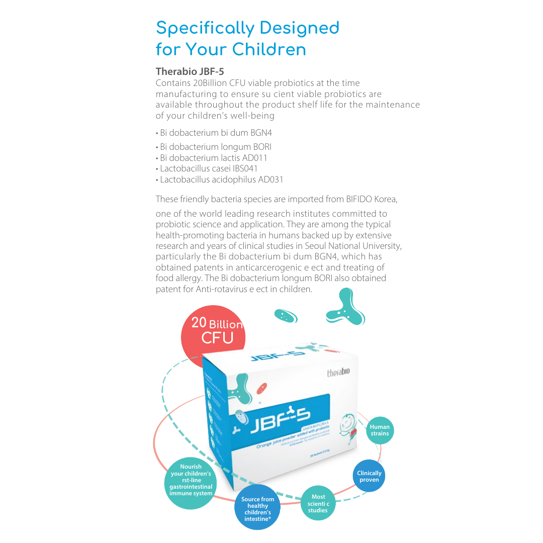 Therabio JBF-5 - 20 Billion CFU Probiotic Prebiotic Halal Supplement for Kids (30 Sachets/Box) - Image 2