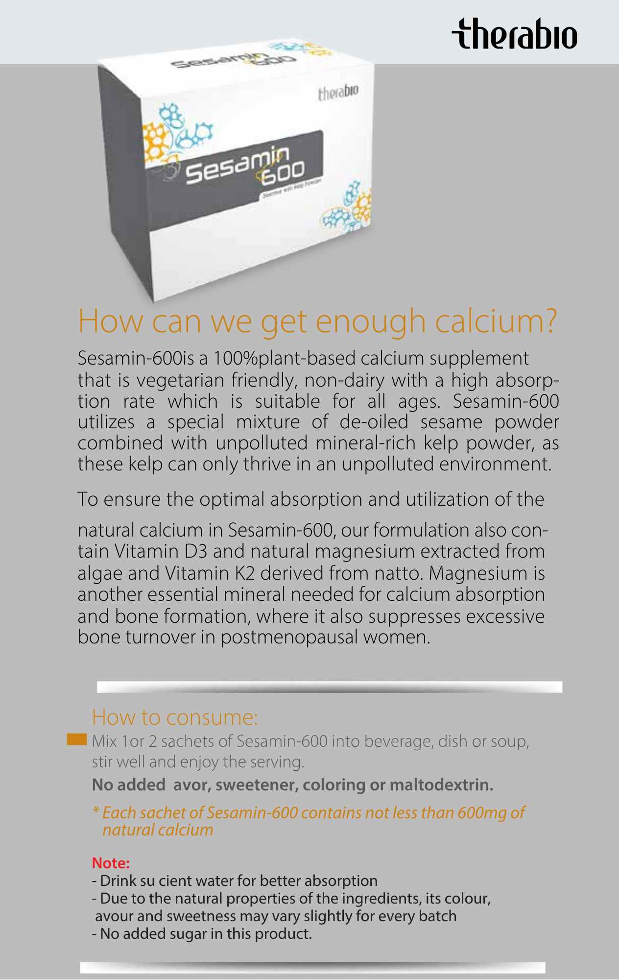 Therabio Sesamin 600 - Plant Based Calcium D3 K2 Powder Supplement (Kalsium) (30 Sachets/Box) - Image 7