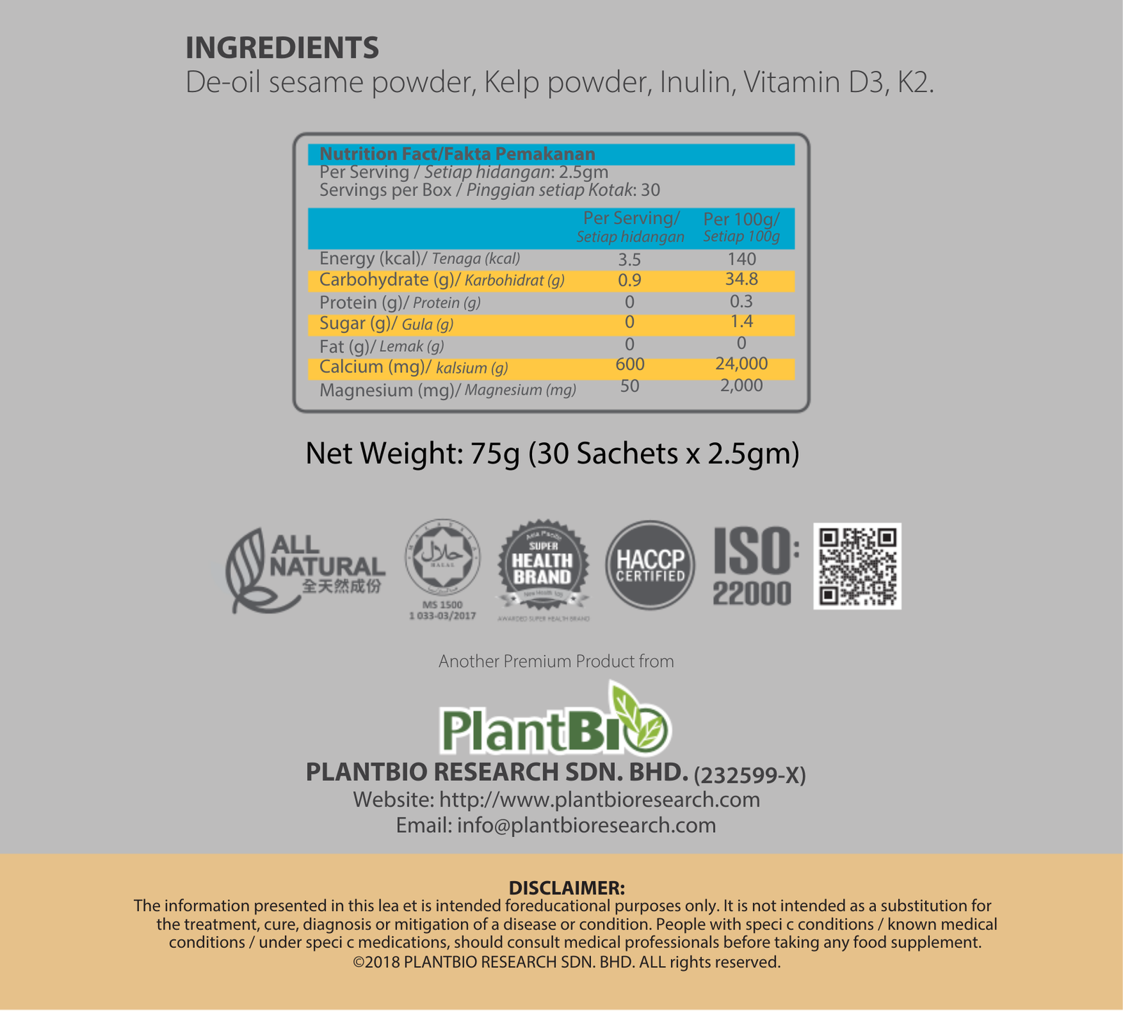 Therabio Sesamin 600 - Plant Based Calcium D3 K2 Powder Supplement (Kalsium) (30 Sachets/Box) - Image 8